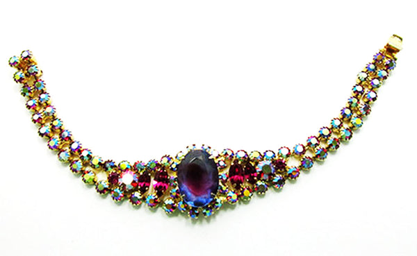 Vintage 1950s Mid-Century Purple, Fuchsia, Red Rhinestone Bracelet - Front