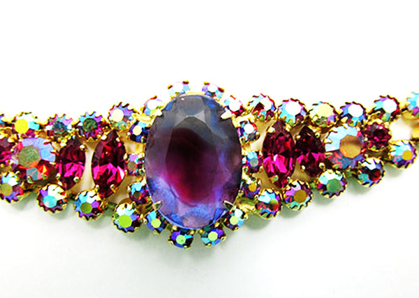 Vintage 1950s Jewelry Purple Aurora Borealis Diamante Bracelet - Close Up
