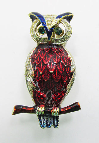 Adorable Vintage Mid Century 1950s Enameled Owl Pin