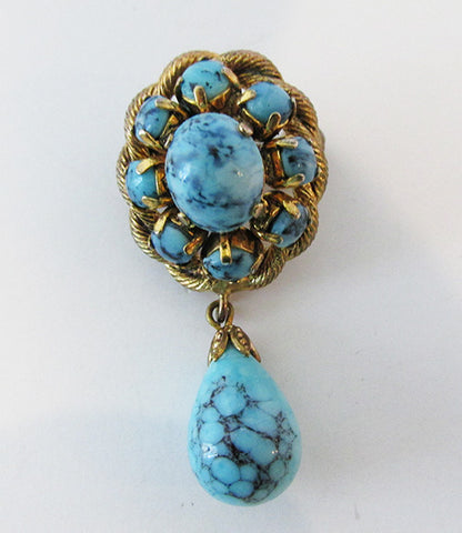 Vintage 1940s Signed 41 Beautiful Retro Turquoise Drop Pin