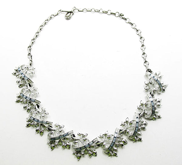 Coro 1950s Vintage Diamante Sapphire Floral Necklace and Earrings Set - Necklace