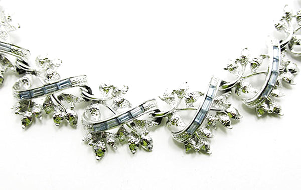 Coro 1950s Vintage Diamante Sapphire Floral Necklace and Earrings Set - Close Up