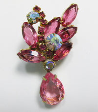 Vintage Mid Century 1950s Dazzling Pink Floral Drop Pin - Thumbnail