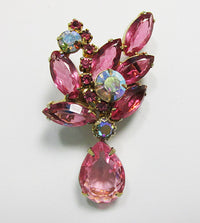 Vintage Mid Century 1950s Dazzling Pink Floral Drop Pin - Thumbnail