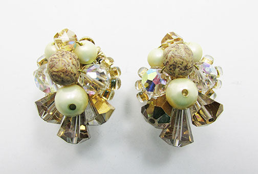 Vintage Vendome Retro 1970s Crystal, Bead, and Faux Pearl Earrings