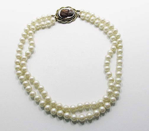 Whiting and Davis Vintage 1950s Beautiful Pearls with Cameo Necklace