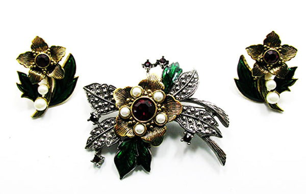 Avon 1970s Vintage Diamante Marcasite and Enameled Pin and Earrings - Front