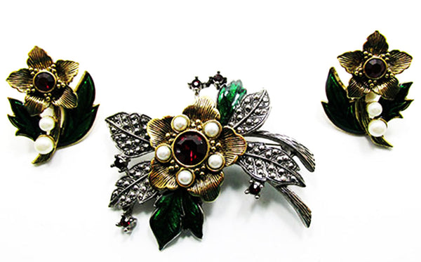 Avon 1970s Vintage Diamante Marcasite and Enameled Pin and Earrings - Front