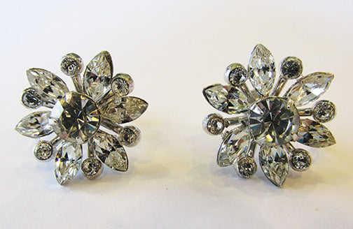 Coro Vintage Dainty Mid-Century Floral Rhinestone Button Earrings