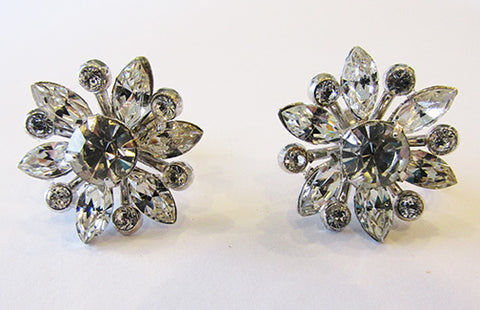 Coro Vintage Dainty Mid-Century Floral Rhinestone Button Earrings