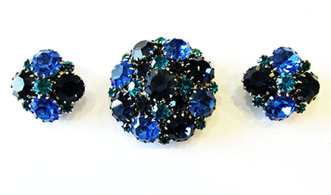 Weiss 1950s Vintage Jewelry Mid-Century Blue Diamante Pin and Earrings - Front