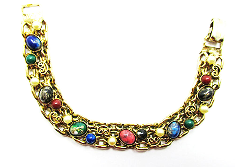 Beautiful Vintage 1950s Mid-Century Pearl and Cabochon Link Bracelet - Front