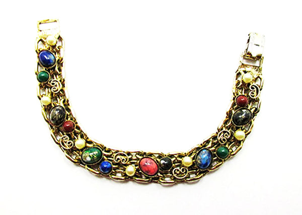 Beautiful Vintage 1950s Mid-Century Pearl and Cabochon Link Bracelet - Front