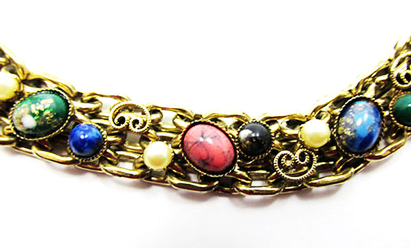 Beautiful Vintage 1950s Mid-Century Pearl and Cabochon Link Bracelet - Close Up
