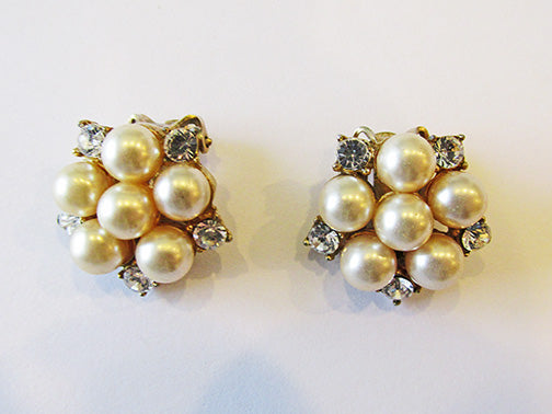 Vintage 1950s Elegant Mid-Century Rhinestone and Pearl Button Earrings