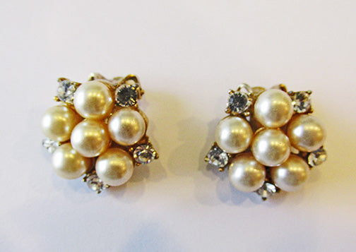 Vintage 1950s Elegant Mid-Century Rhinestone and Pearl Button Earrings