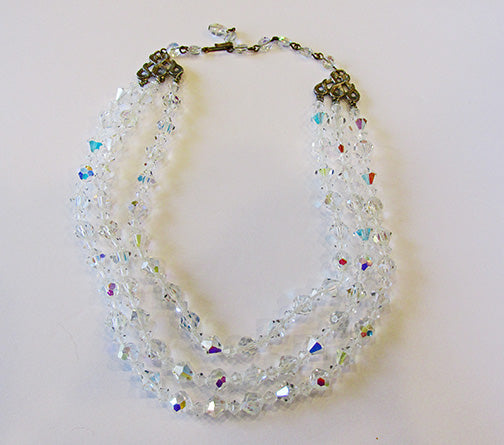 Vintage 1950s Mid-Century Dazzling Three Strand Crystal Necklace