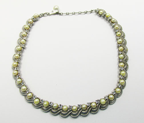 Trifari Vintage 1950s Distinctive Pearl and Rhinestone Necklace