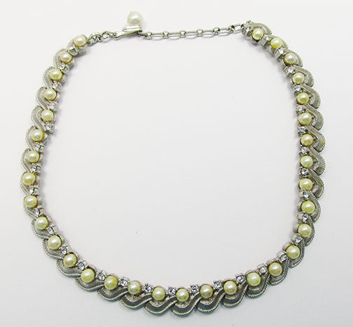 Trifari Vintage 1950s Distinctive Pearl and Rhinestone Necklace