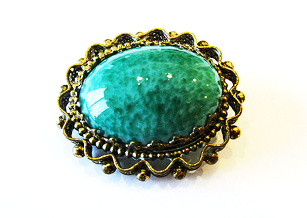 West German 1950s Vintage Jewelry Timeless Turquoise Cabochon Pin - Front