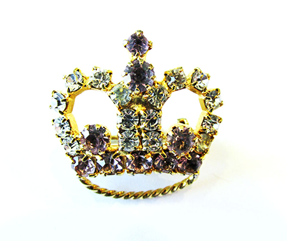 1950s Vintage Jewelry Delightful Clear and Lavender Diamante Crown Pin - Front