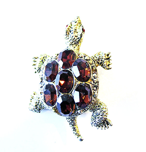 Vintage 1960s Costume Jewelry Adorable Topaz Diamante Turtle Pin - Front