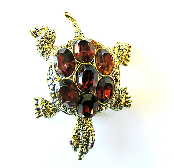 Vintage 1960s Costume Jewelry Adorable Topaz Diamante Turtle Pin - Front