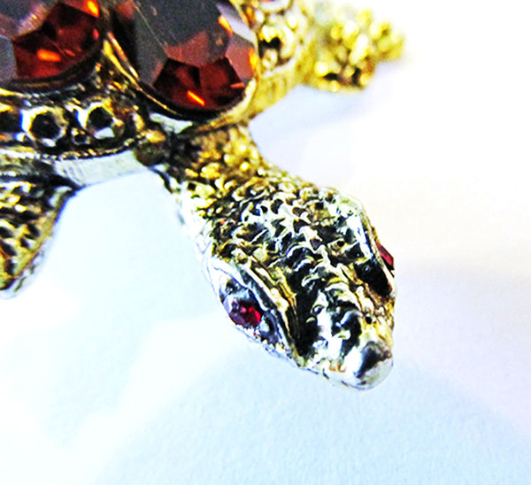 Vintage 1960s Costume Jewelry Adorable Topaz Diamante Turtle Pin - Turtle Head