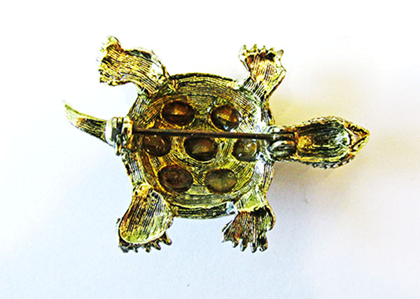 Vintage 1960s Costume Jewelry Adorable Topaz Diamante Turtle Pin - Back