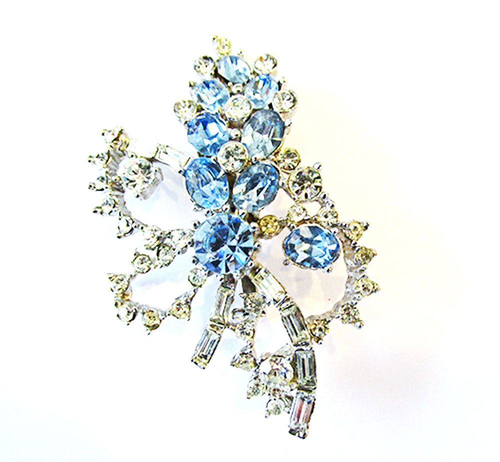 Coro Vintage 1950s Designer Sapphire Diamante Floral Spray Pin - Front
