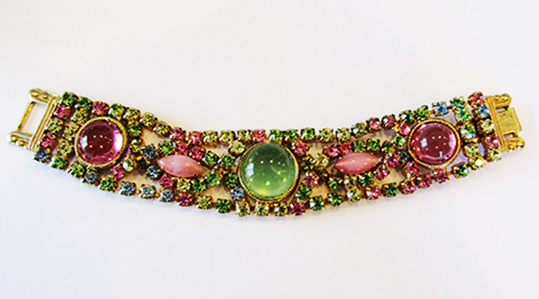Striking Vintage Mid-Century Multi-Color Diamante Statement Bracelet - Front
