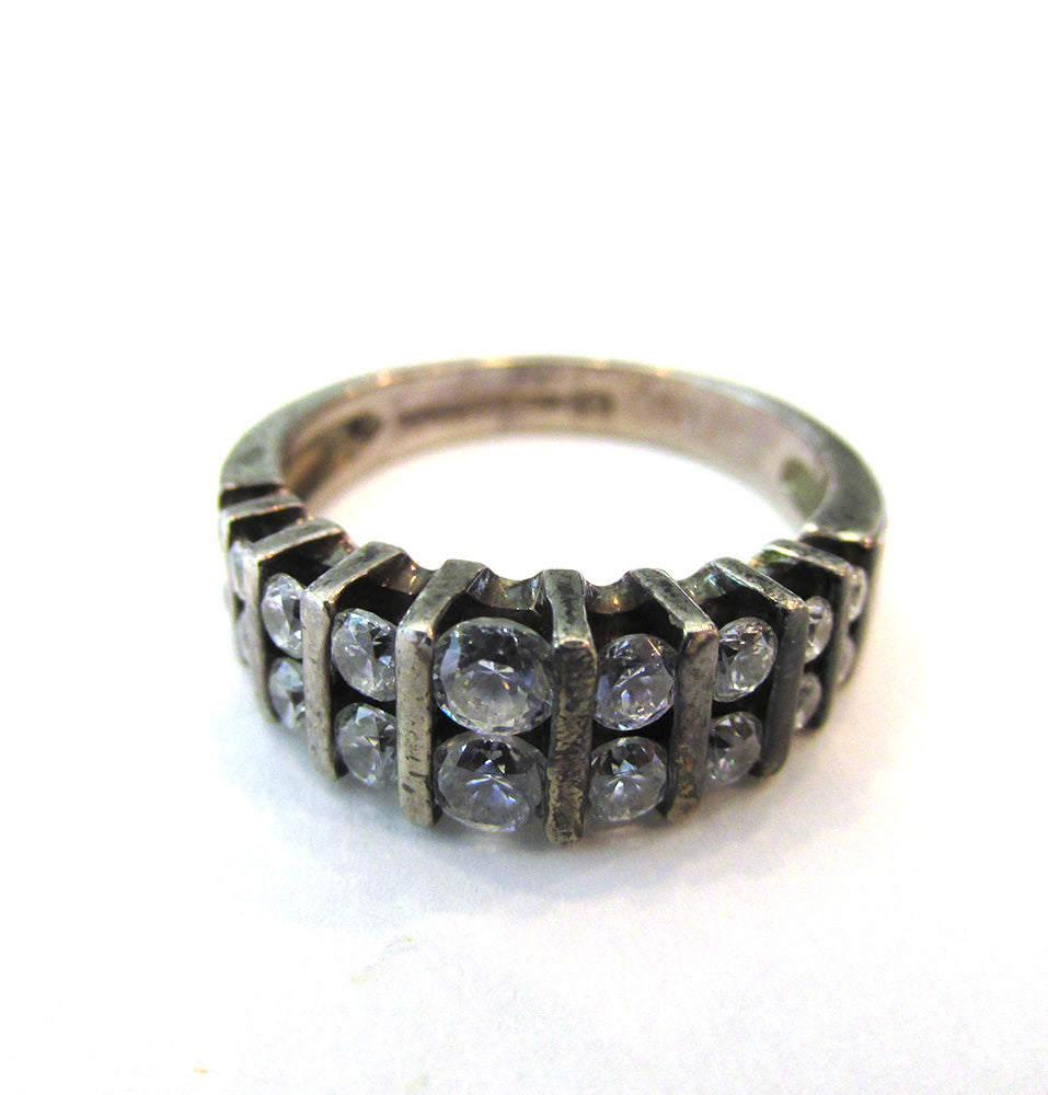 Vintage 1980s Designer Cubic Zirconia and Sterling Silver Ring - Front