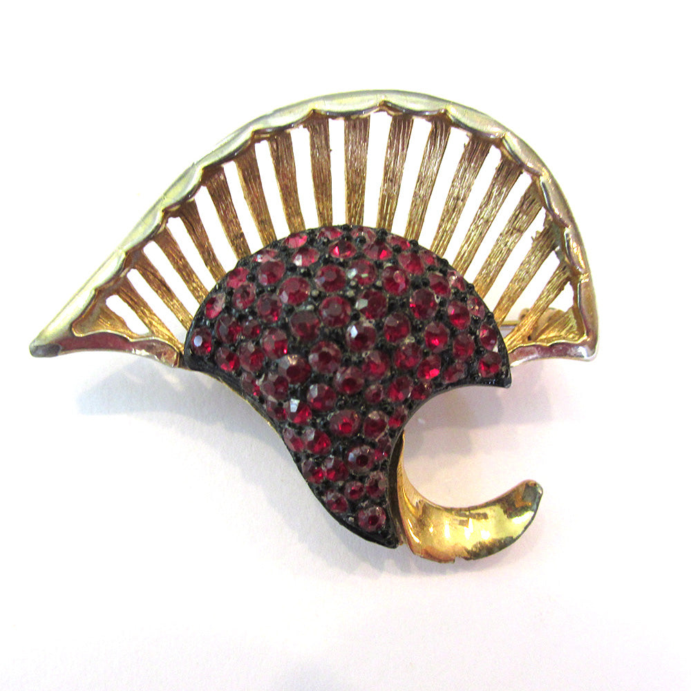 Vintage Jewelry 1950s Mid-Century Red and Gold Rhinestone Pin - Front