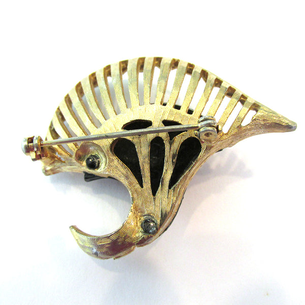Vintage Jewelry 1950s Mid-Century Red and Gold Rhinestone Pin - Back
