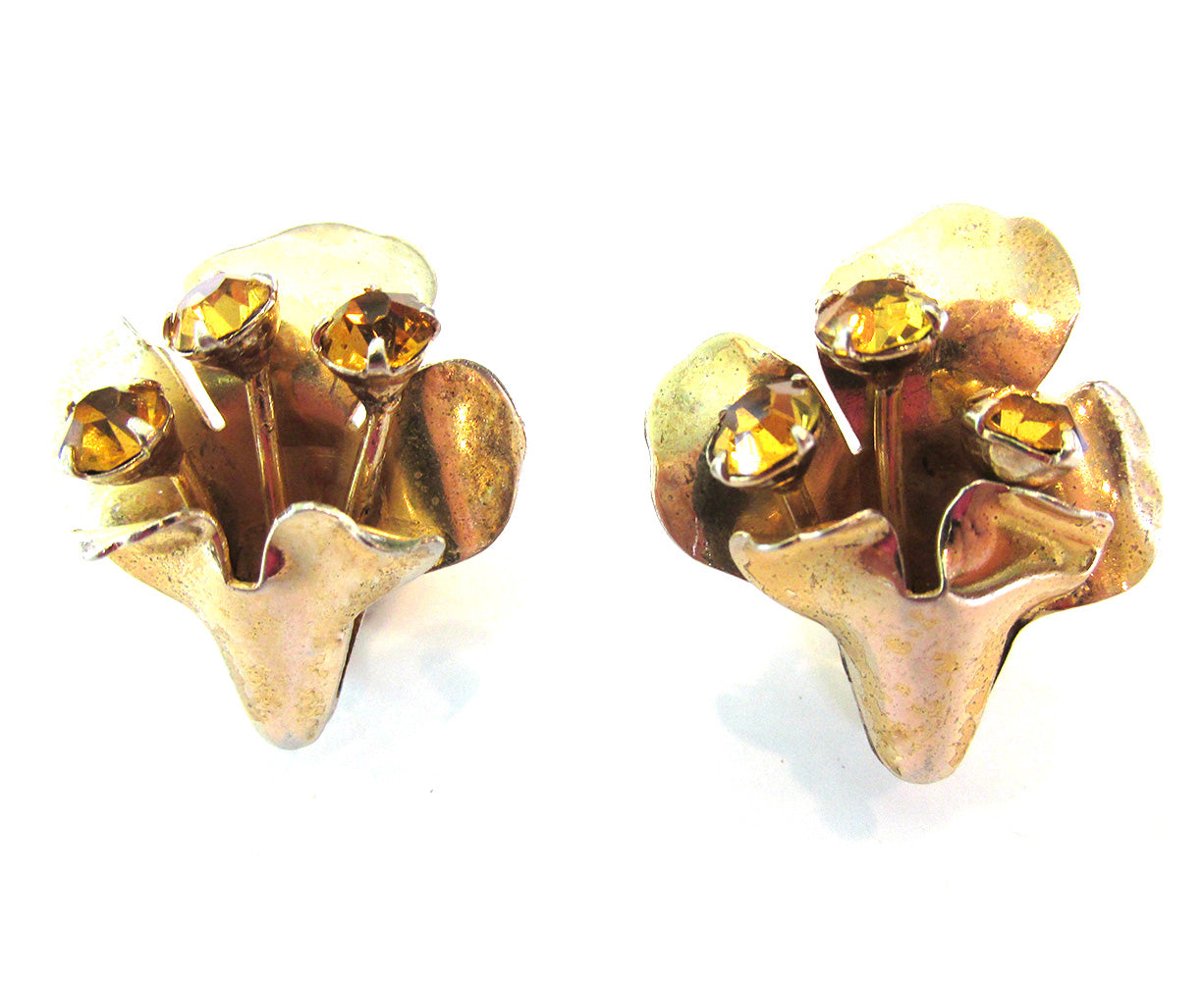 Vintage Jewelry 1940s Sterling and Citrine Diamante Floral Earrings