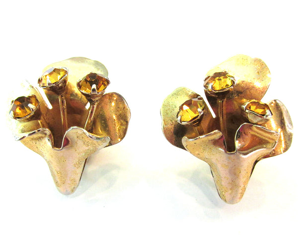Vintage Jewelry 1940s Sterling and Citrine Diamante Floral Earrings - Front