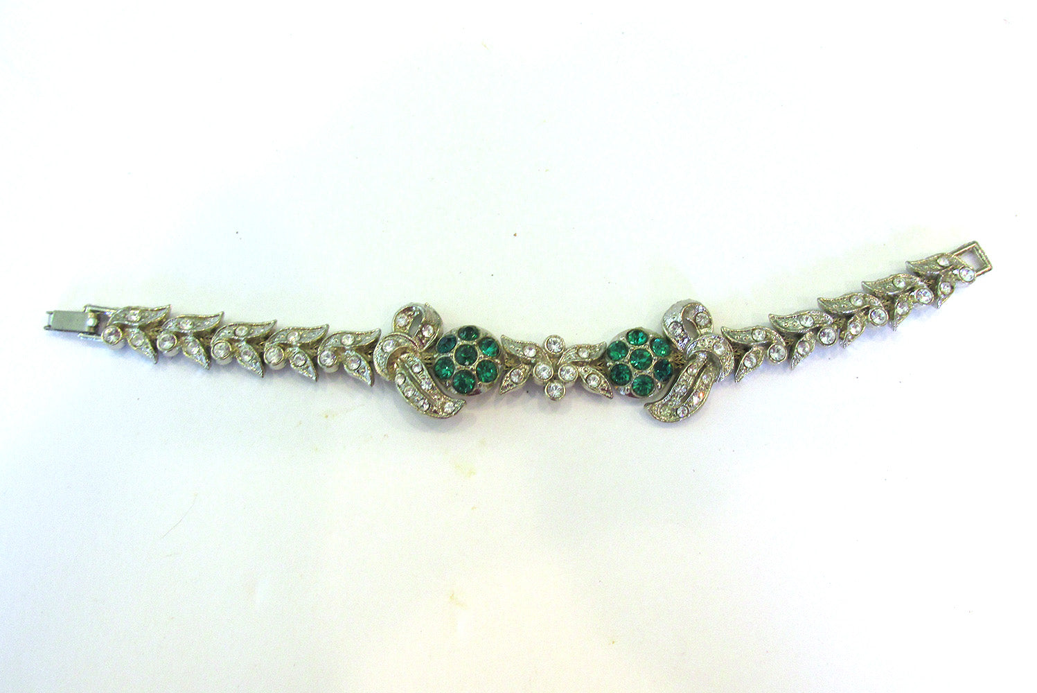 Vintage Jewelry 1930s Art Nouveau Style Diamante Floral Bracelet - Front