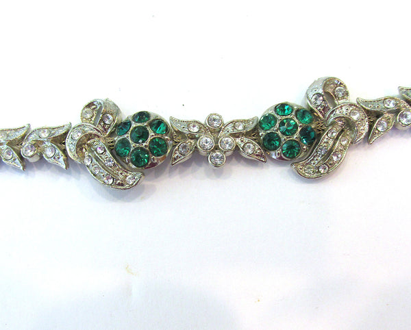Vintage Jewelry 1930s Art Nouveau Style Diamante Floral Bracelet - Close Up of Front