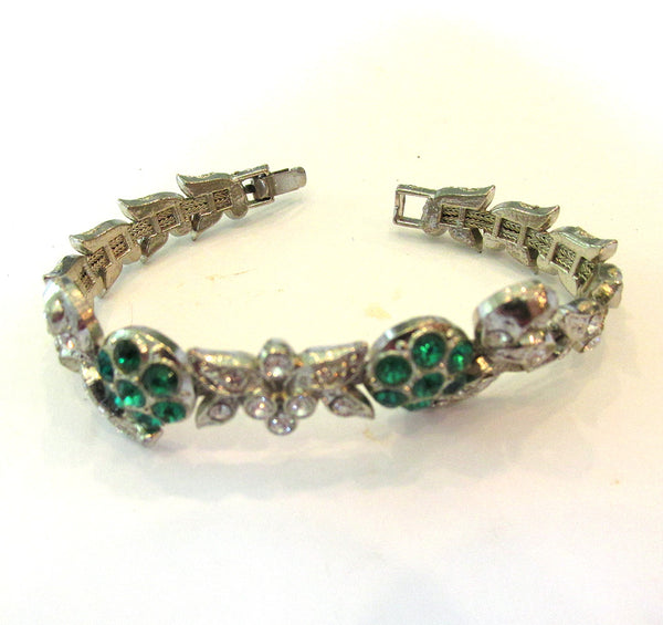 Vintage Jewelry 1930s Art Nouveau Style Diamante Floral Bracelet - Front
