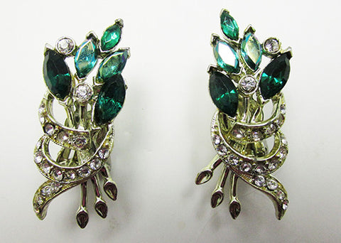 Vintage 1950s Mid-Century Unique Emerald Green Floral Earrings