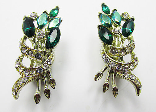 Vintage 1950s Mid-Century Unique Emerald Green Floral Earrings