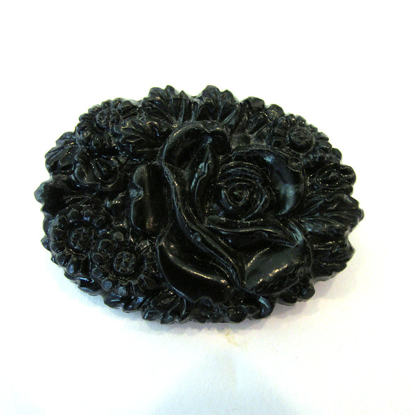 Rare Antique 1920s Deeply Carved Black Bakelite Oval Floral Pin - Front