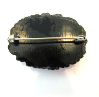 Rare Antique 1920s Deeply Carved Black Bakelite Oval Floral Pin - Back - Thumbnail