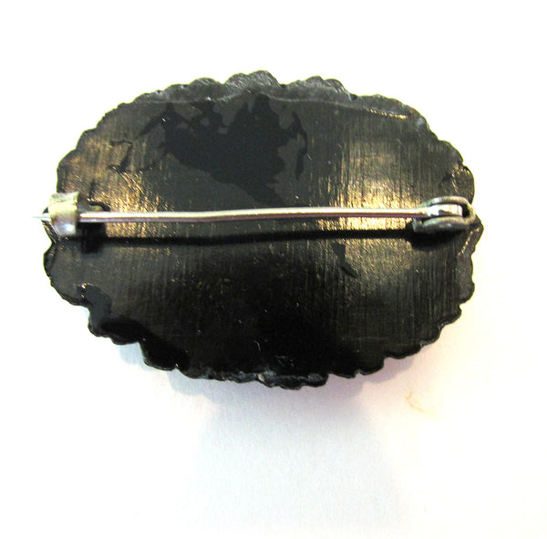 Rare Antique 1920s Deeply Carved Black Bakelite Oval Floral Pin - Back