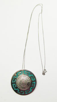 Mexico Vintage Aztec Calendar Turquoise and Sterling Pin/Pendant - Thumbnail