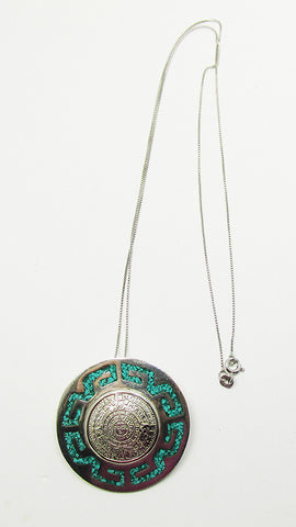 Mexico Vintage Aztec Calendar Turquoise and Sterling Pin/Pendant