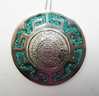 Mexico Vintage Aztec Calendar Turquoise and Sterling Pin/Pendant - Thumbnail