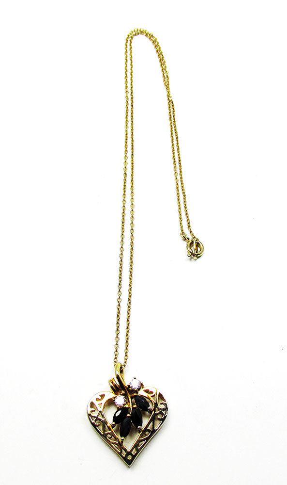 Vintage 1980s Jewelry Desirable CZ and Sapphire Gold Heart Pendant - Front