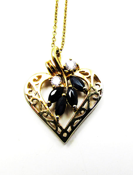 Vintage 1980s Jewelry Desirable CZ and Sapphire Gold Heart Pendant - Close Up