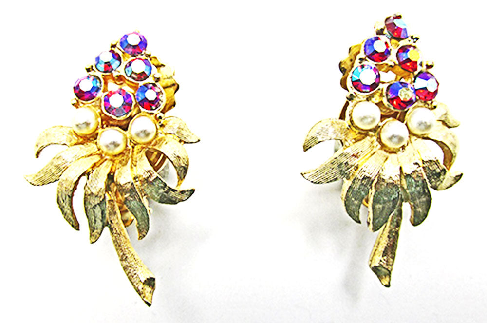 1950s Vintage Jewelry Diamante Aurora Borealis and Pearl Earrings - Front
